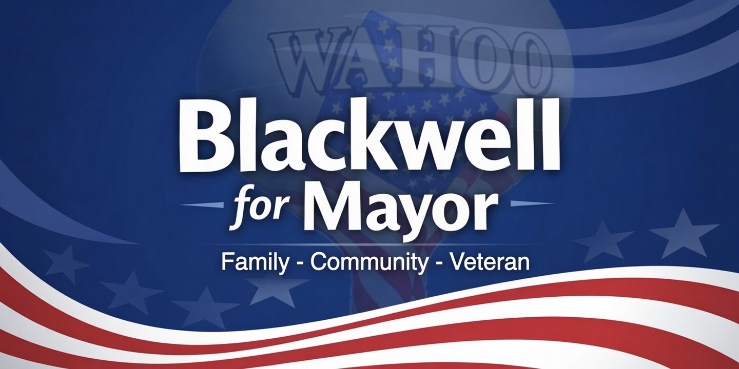 Blackwell for Mayor - Family, Community, Veteran campaign banner with patriotic red, white and blue design