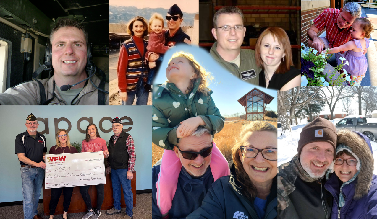 A collage of Jason Blackwell with his family, fellow veterans, and community members in Wahoo
